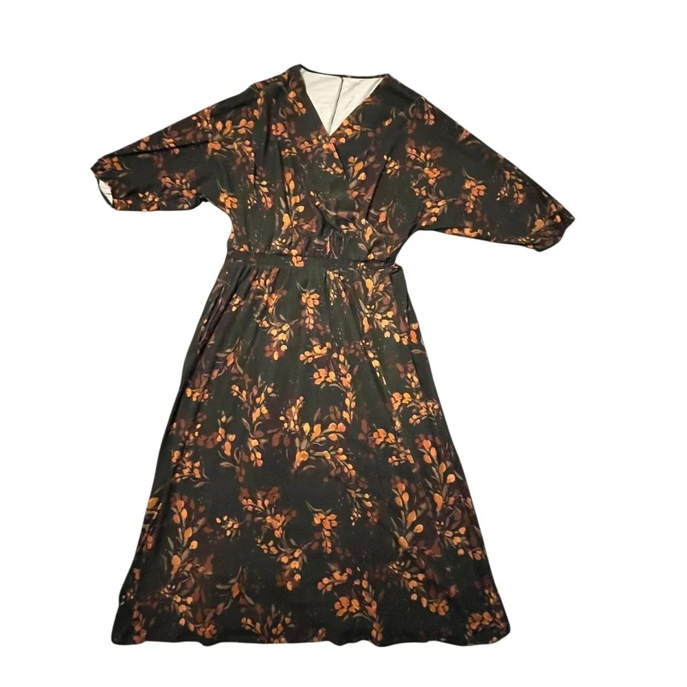 Garnet Hill Faux Wrap Maxi Dress Brown Floral Stretch Jersey V Neck Womens Large - Picture 7 of 12